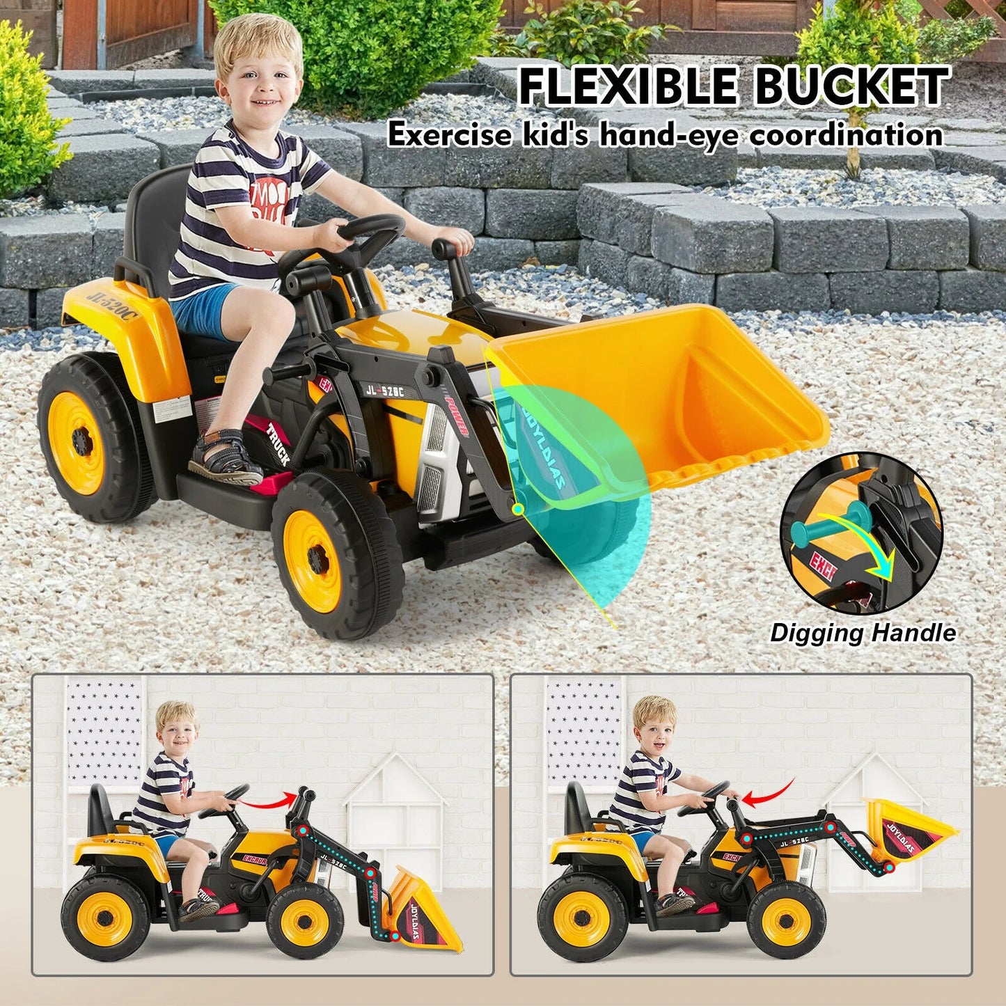 12V Kids Battery Powered Electric Ride on Excavator Parent Remote Control - Yellow