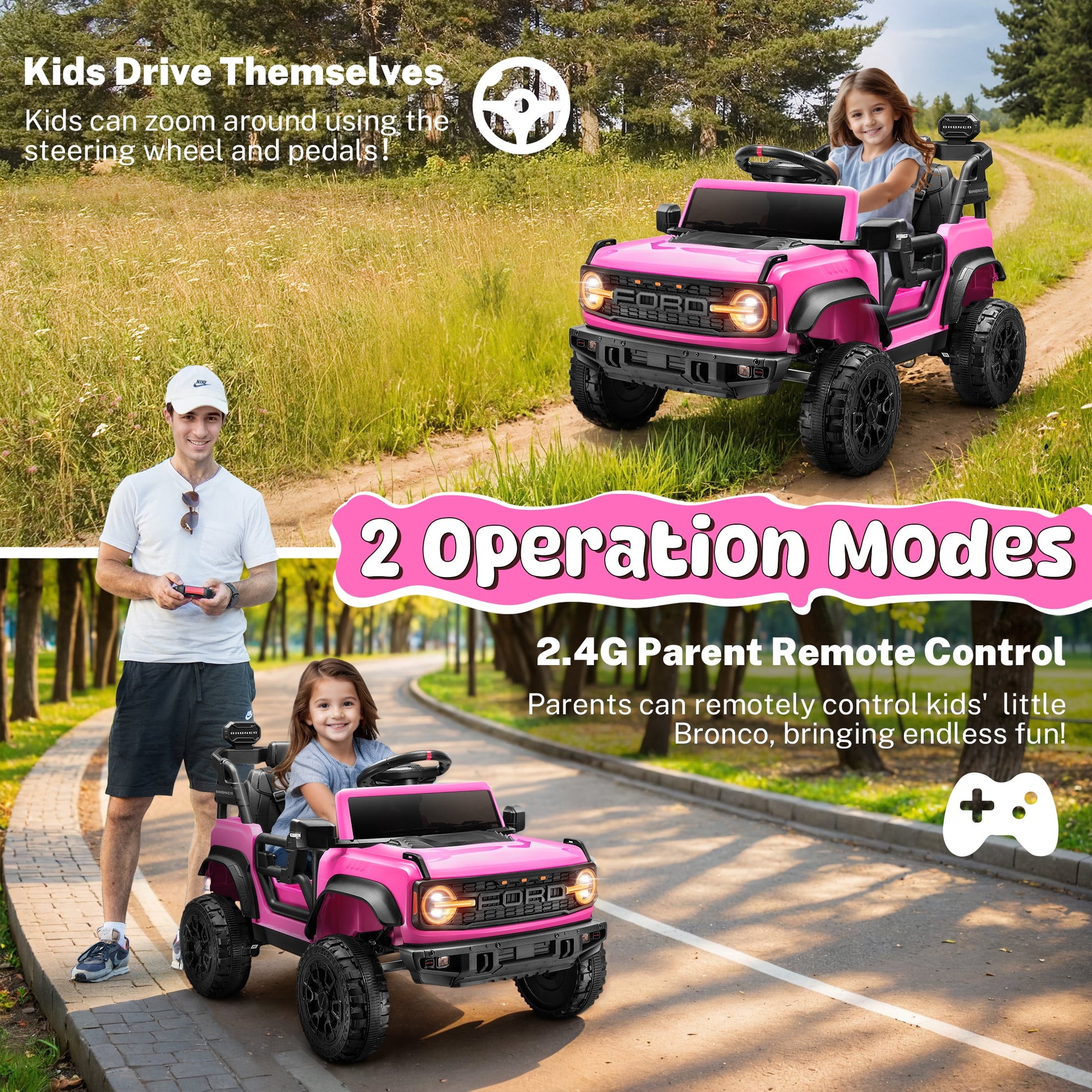 12V Ford Bronco Raptor Kids Battery Powered Ride on Truck with Parent Remote Control - Pink