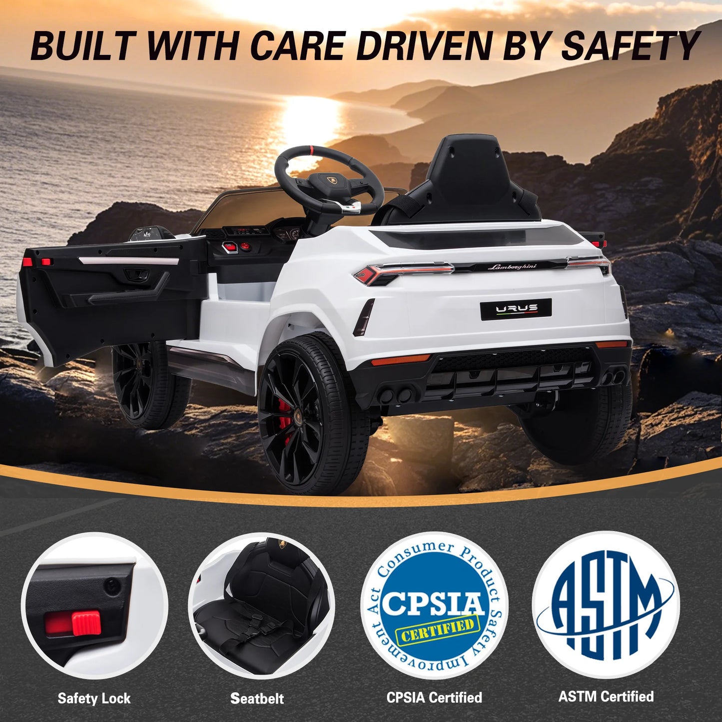 12V Lamborghini Urus Kids Battery Powered Electric Ride on Car with Parent Remote Control - White