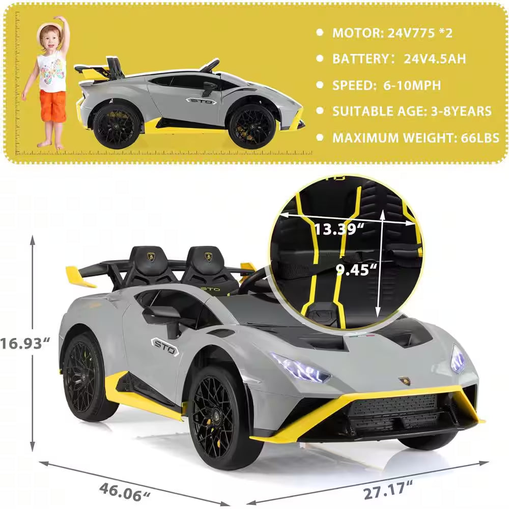 24V Lamborghini Kids Electric Battery Powered Ride on Sports Car with Parent Remote Control - Gray