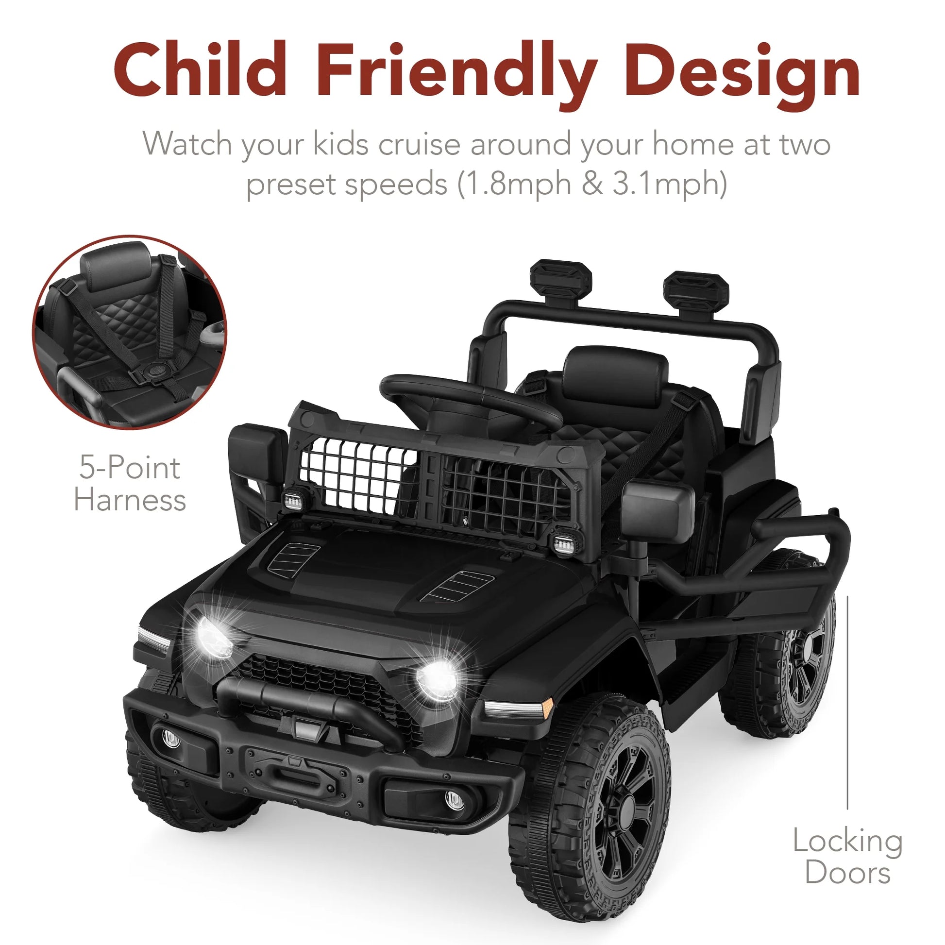 6V Kids Ride-On Truck Car W/ Parent Remote Control, 4-Wheel Suspension, LED Lights - Black