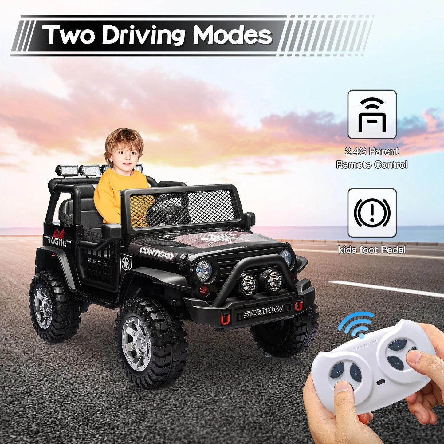 12V Kids Battery Powered Electric Ride on Jeep Car with Parent Remote Control - Black