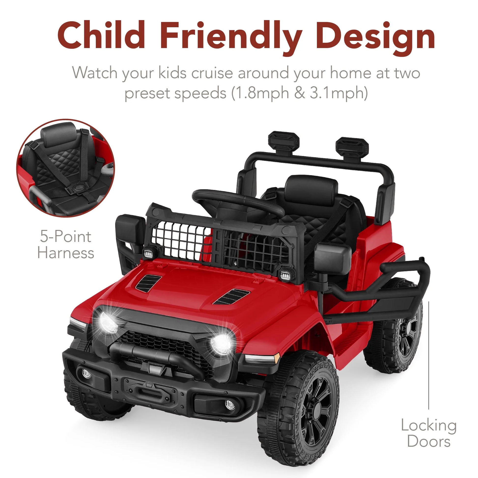 6V Kids Ride-On Truck Car W/ Parent Remote Control, 4-Wheel Suspension, LED Lights - Red