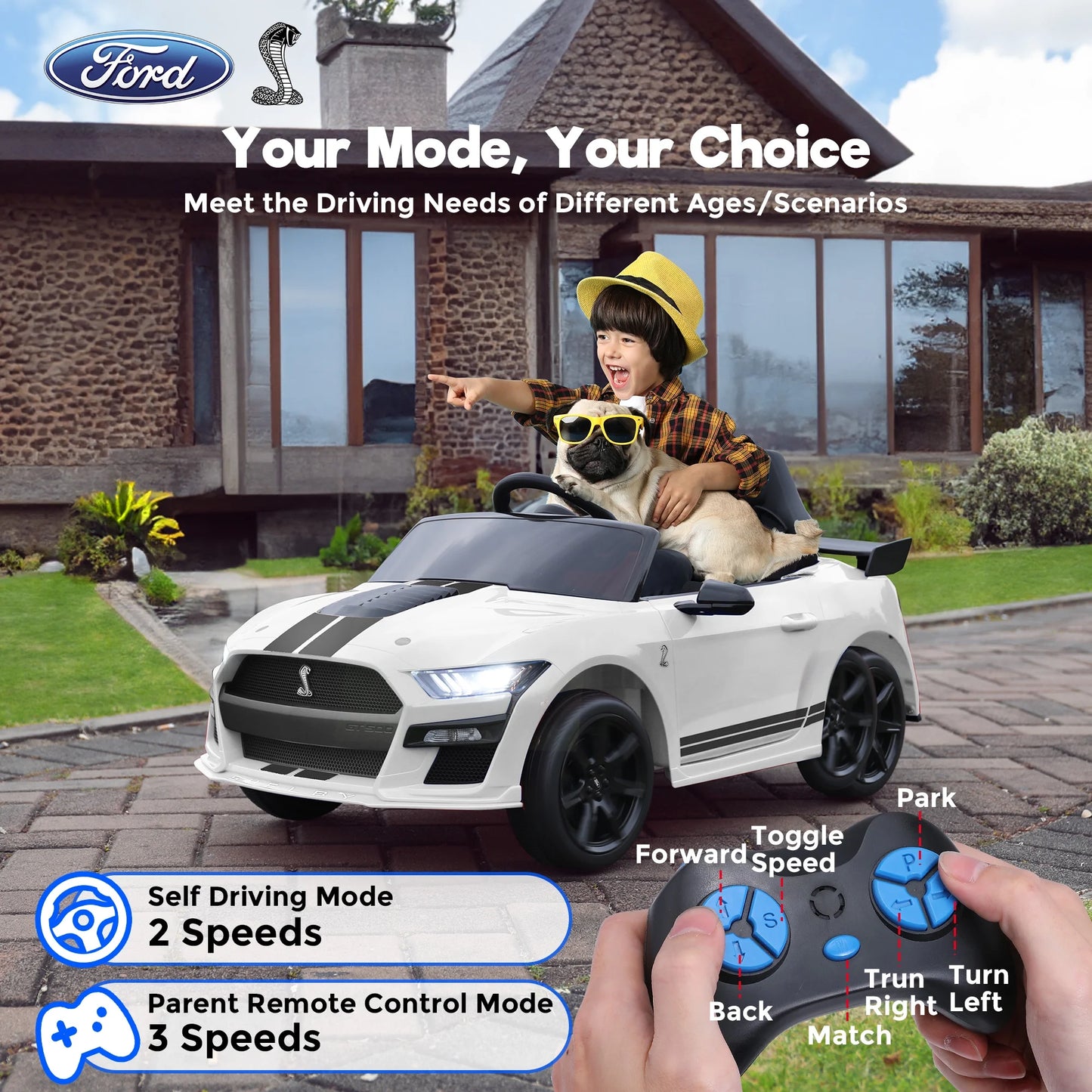 12V Ford Mustang GT500 Kids Battery Powered Electric Ride on Car with Parent Remote Control - White