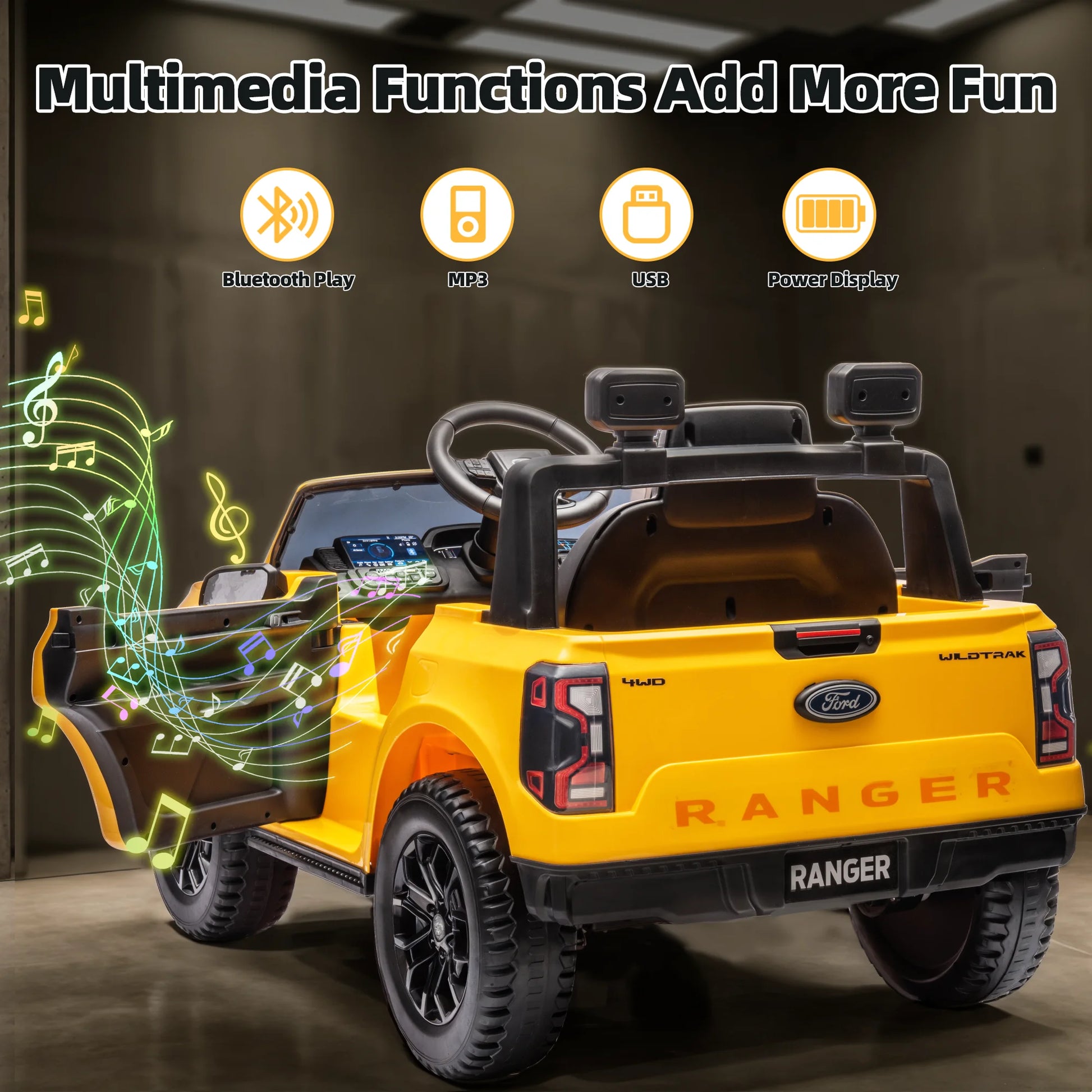 12V Ford Ranger Kids Battery Powered Electric Ride on Truck with Parent Remote Control - Yellow