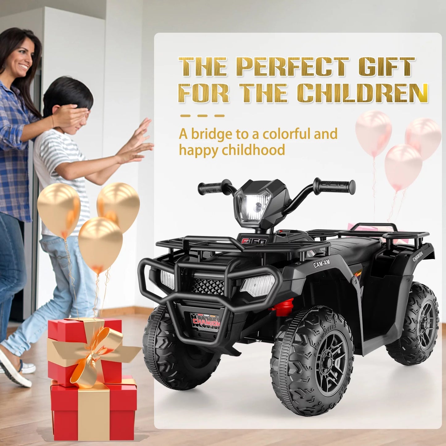 12V Kids Ride on ATV 4-Wheeler Quad Battery Powered Electric Car, 2X30W Motor, Treaded Tires, Soft Braking, LED Light, Music - Black