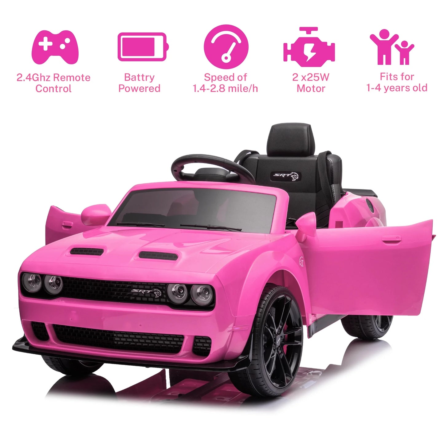 12V Dodge Challenger SRT Hellcat Kids Battery Powered Electric Ride on Car with Parent Remote Control - Pink