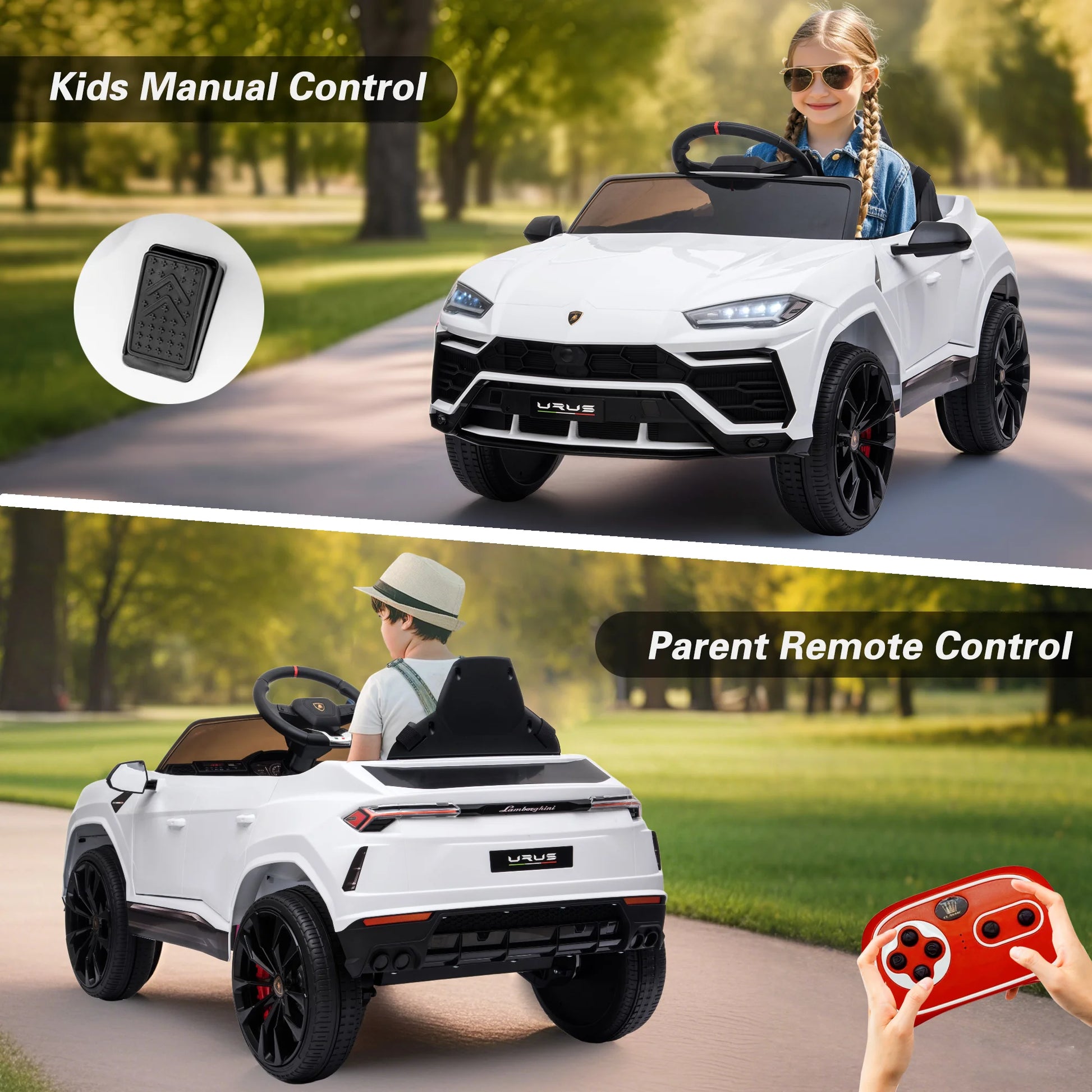 12V Lamborghini Urus Kids Battery Powered Electric Ride on Car with Parent Remote Control - White