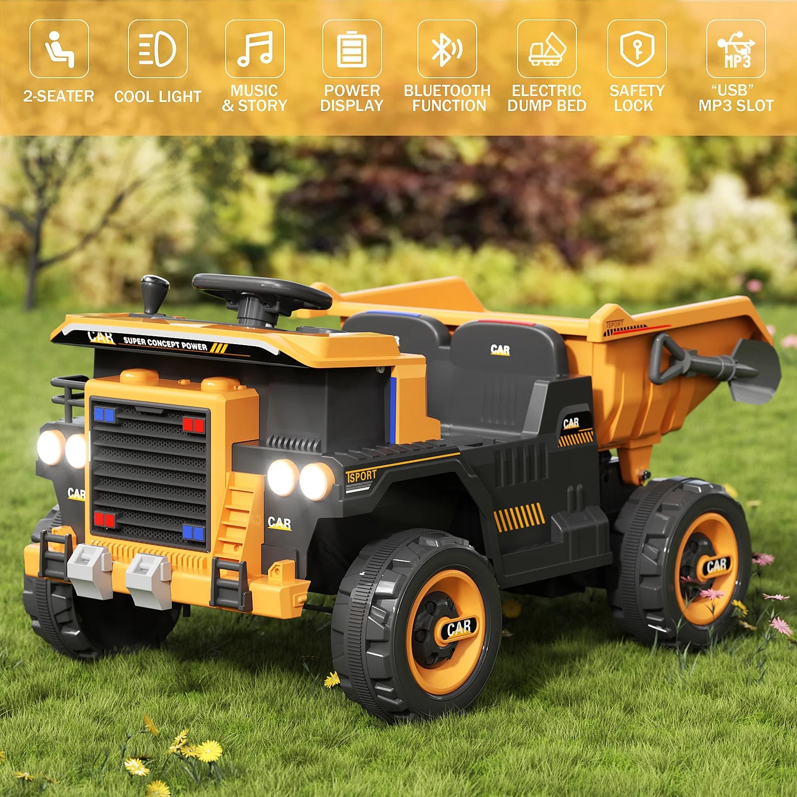 12V Kids Battery Powered Ride on Dump Truck with Parent Remote Control - Yellow