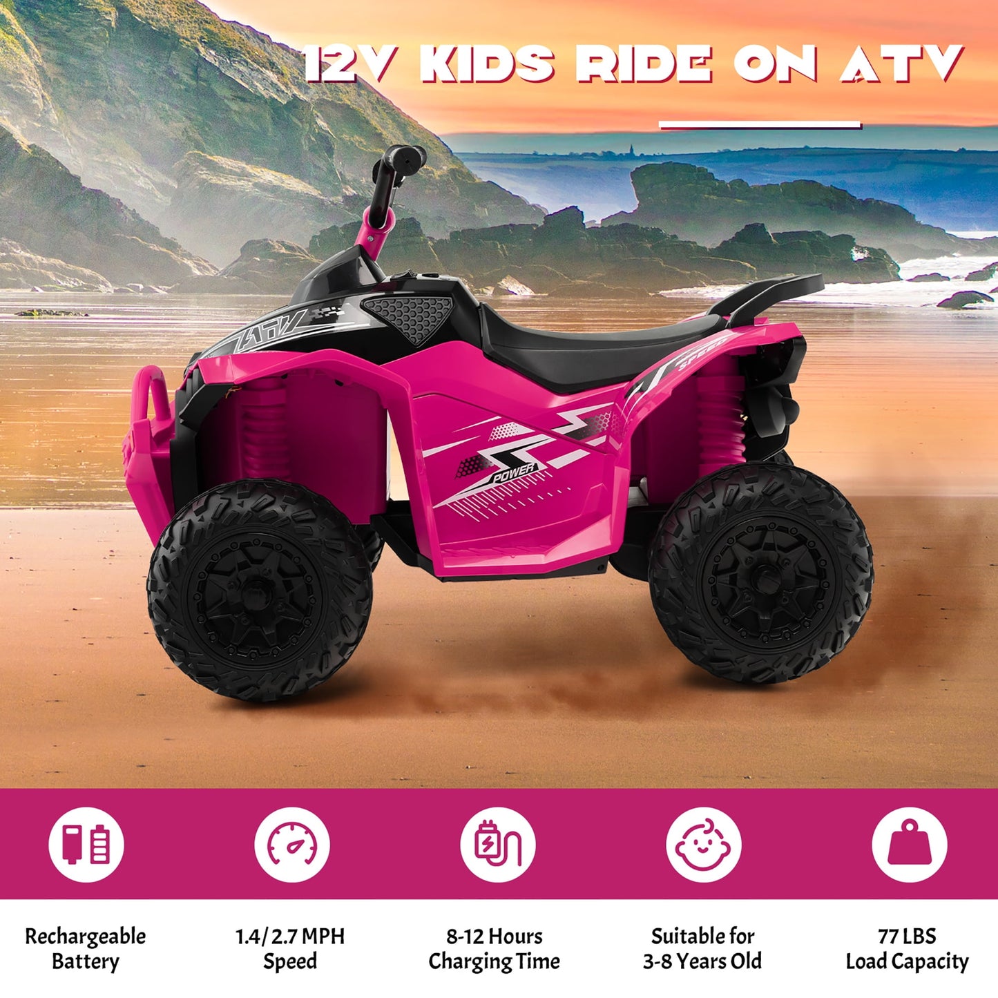 12V Kids Battery Powered Electric Ride on ATV 4-Wheeler Quad - Light Pink