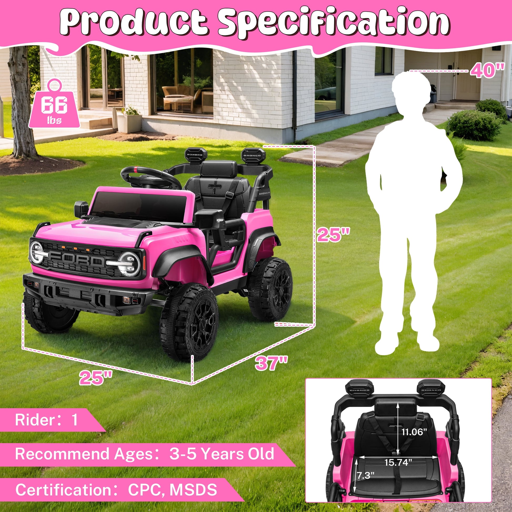 12V Ford Bronco Raptor Kids Battery Powered Ride on Truck with Parent Remote Control - Pink