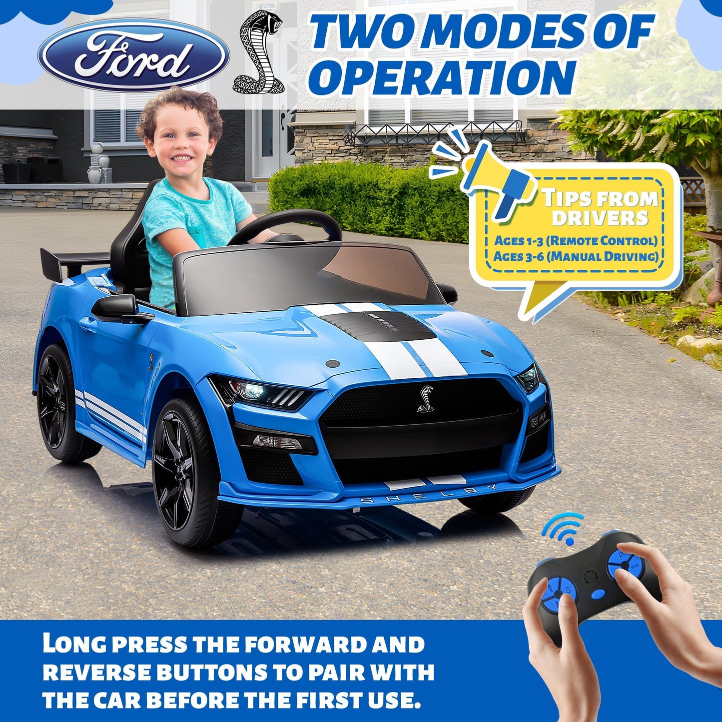 12V Ford Mustang Shelby Kids Battery Powered Electric Ride on Car with Parent Remote Control - Blue