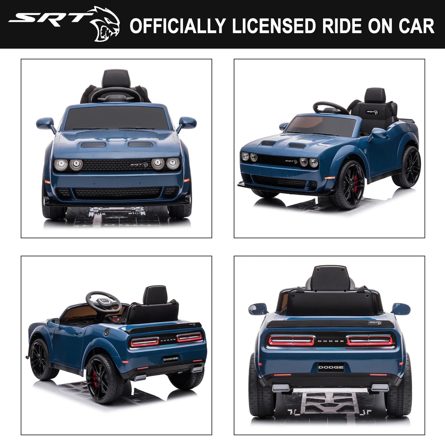 12V Dodge Challenger SRT Hellcat Kids Battery Powered Electric Ride on Car with Parent Remote Control - Blue