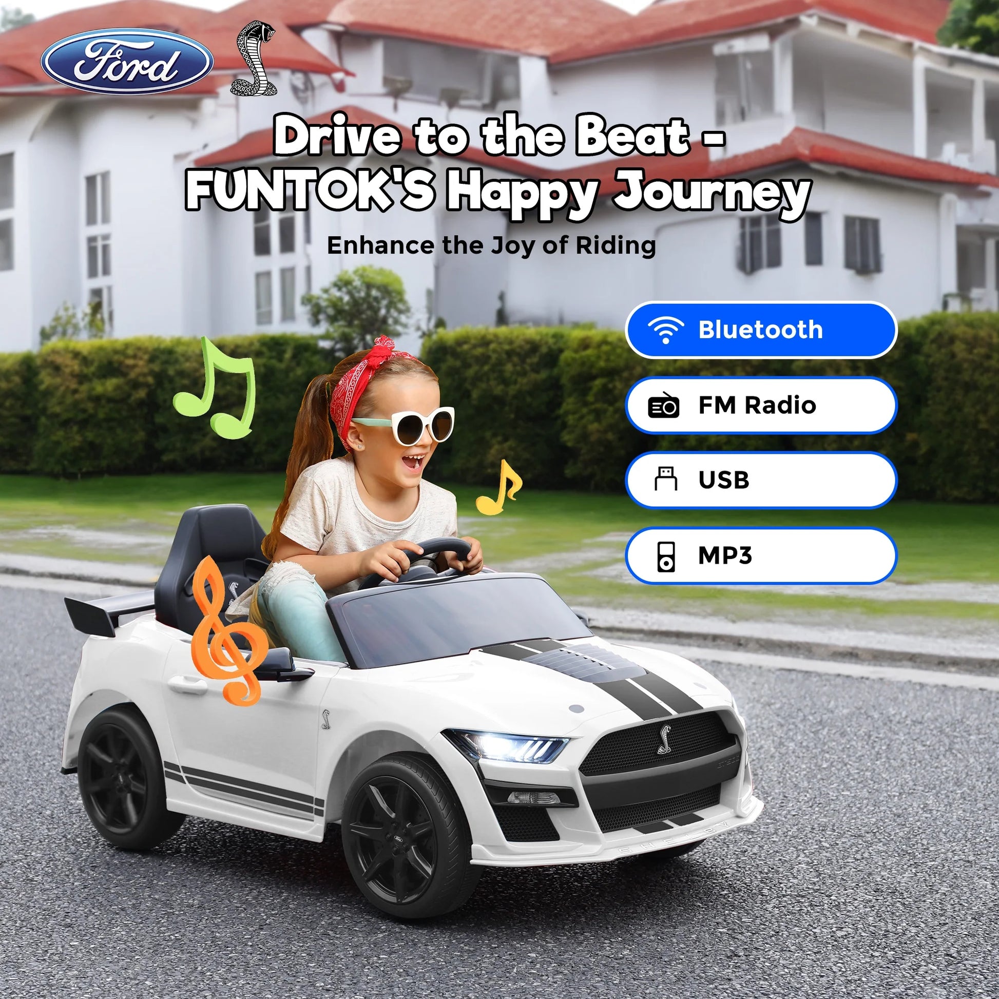 12V Ford Mustang GT500 Kids Battery Powered Electric Ride on Car with Parent Remote Control - White