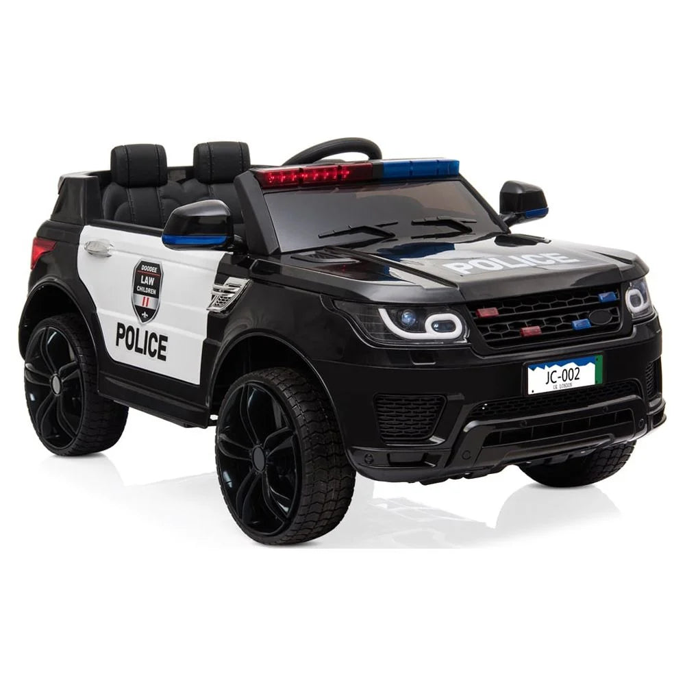 12V Zimtown Kids Ride on Car Police Electric Car with Remote Control, Music, Seat Belts, LED Lights - Black