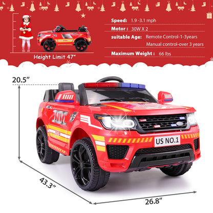 12V Kids Ride on Police Car with Remote Control, 4 Wheeler Truck with Music, Siren - Red