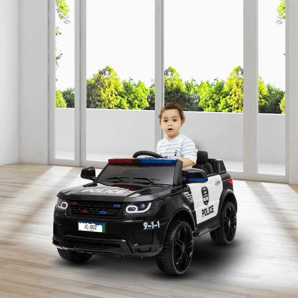 12V Zimtown Kids Ride on Car Police Electric Car with Remote Control, Music, Seat Belts, LED Lights - Black