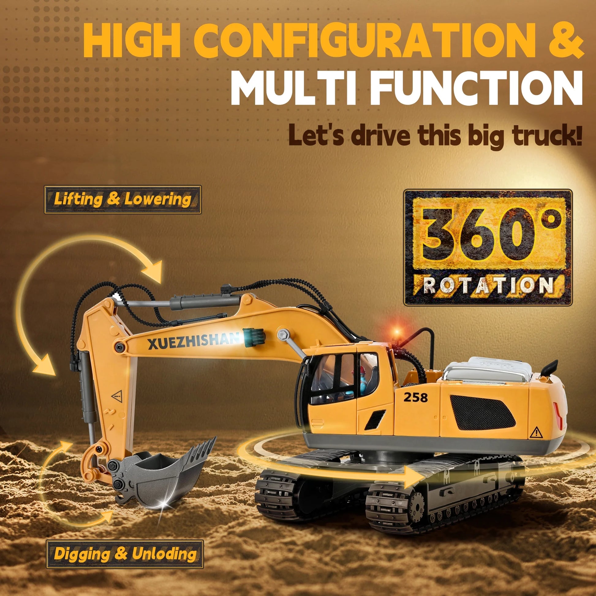 Construction Toys - Mini Remote Control Excavator, RC Construction Vehicles Toys with Metal Shovel, Lights, Sound and 2 Rechargeable Batteries. Best Gift for Kids