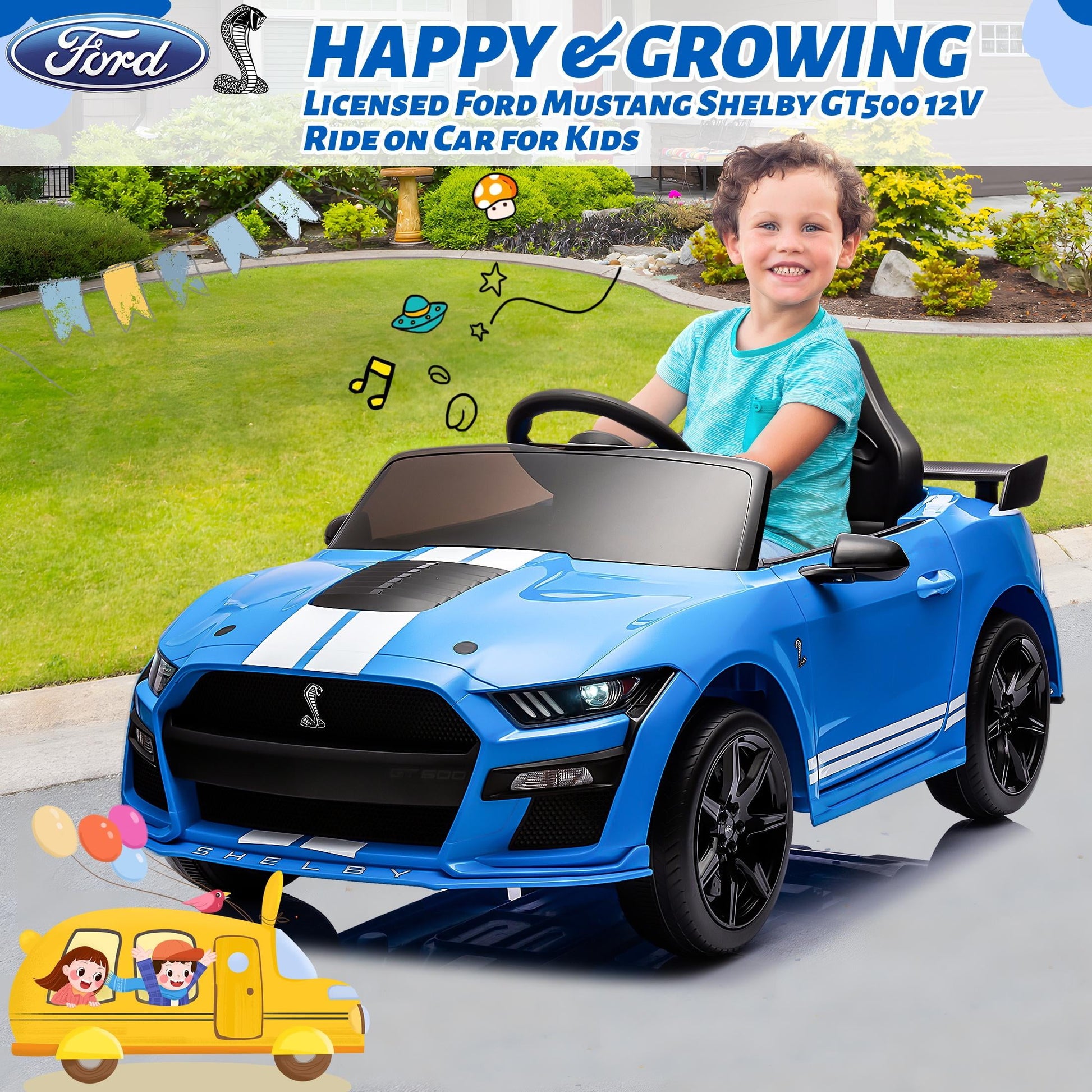 12V Ford Mustang Shelby Kids Battery Powered Electric Ride on Car with Parent Remote Control - Blue