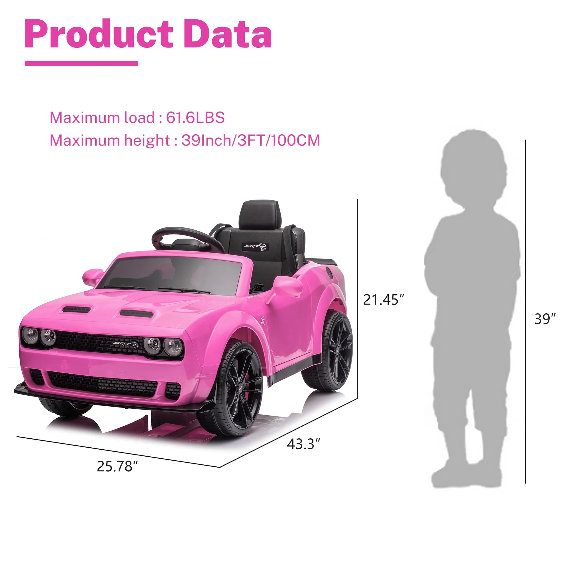 12V Dodge Challenger SRT Hellcat Kids Battery Powered Electric Ride on Car with Parent Remote Control - Pink