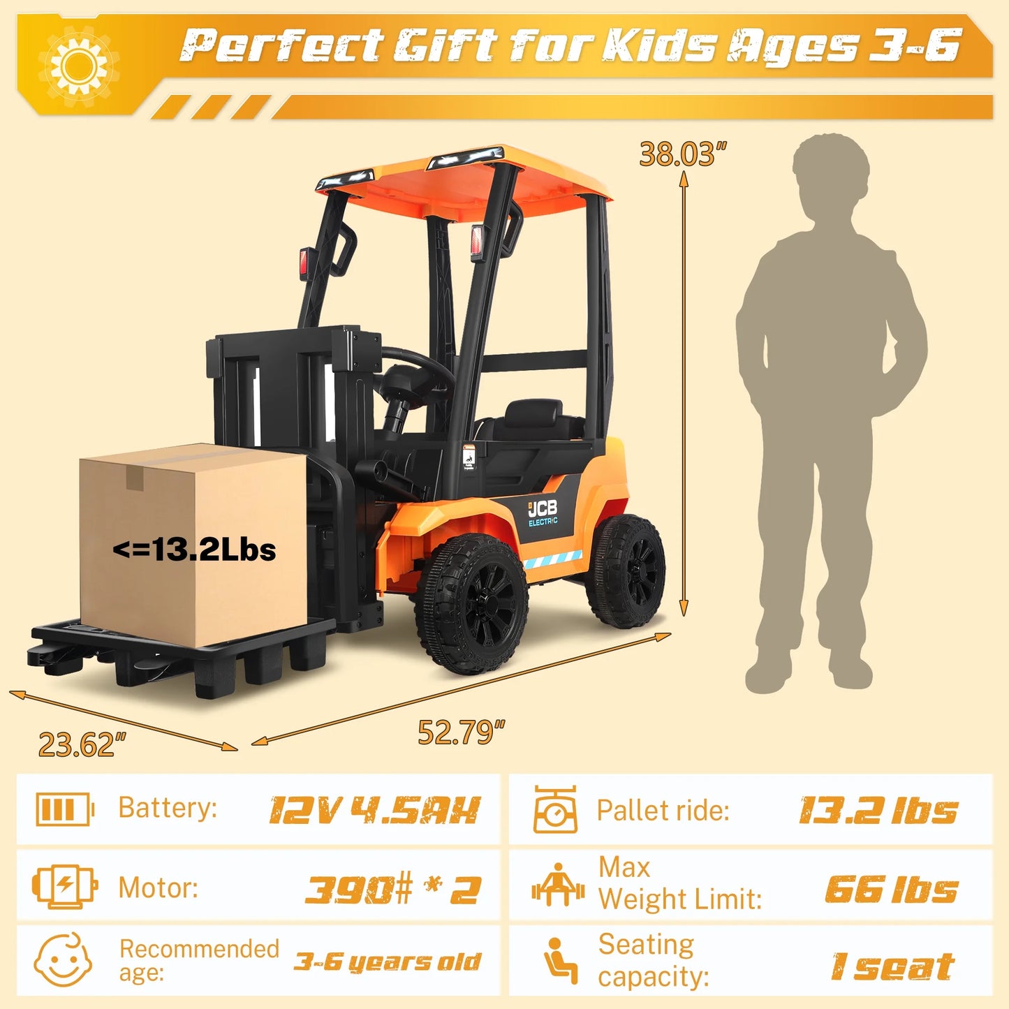 12V Kids Battery Powered Electric Ride on Forklift with Lifting Pallet and Parent Remote Control - Yellow