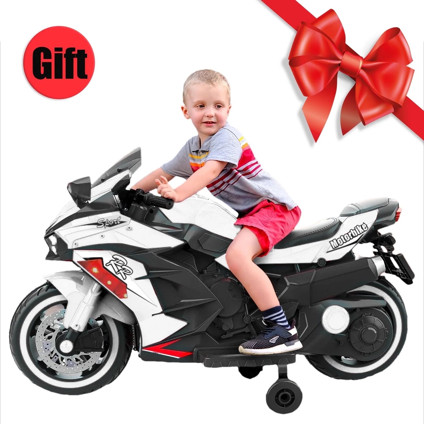 12V Electric Motorcycle with Music, Bluetooth, Lights - White