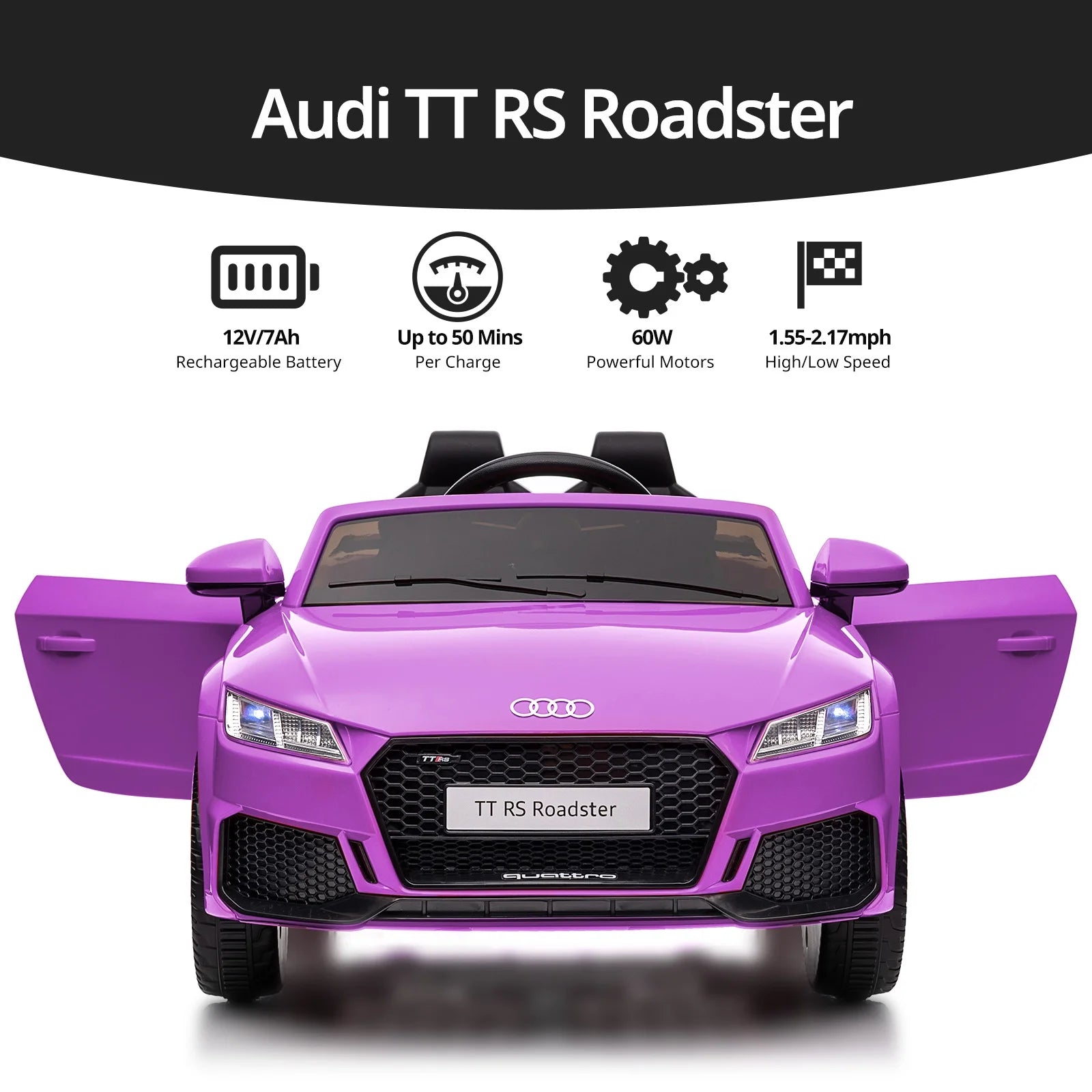 Kids Ride on Car, Licensed Audi TT 12V Electric Car Toy with Remote, LED Light - Purple