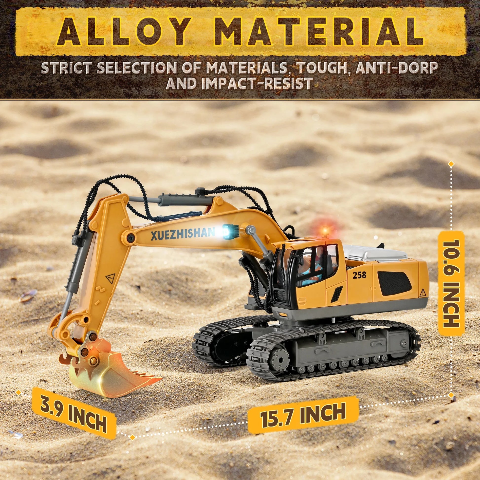 Construction Toys - Mini Remote Control Excavator, RC Construction Vehicles Toys with Metal Shovel, Lights, Sound and 2 Rechargeable Batteries. Best Gift for Kids