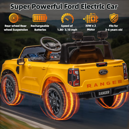 12V Ford Ranger Kids Battery Powered Electric Ride on Truck with Parent Remote Control - Yellow