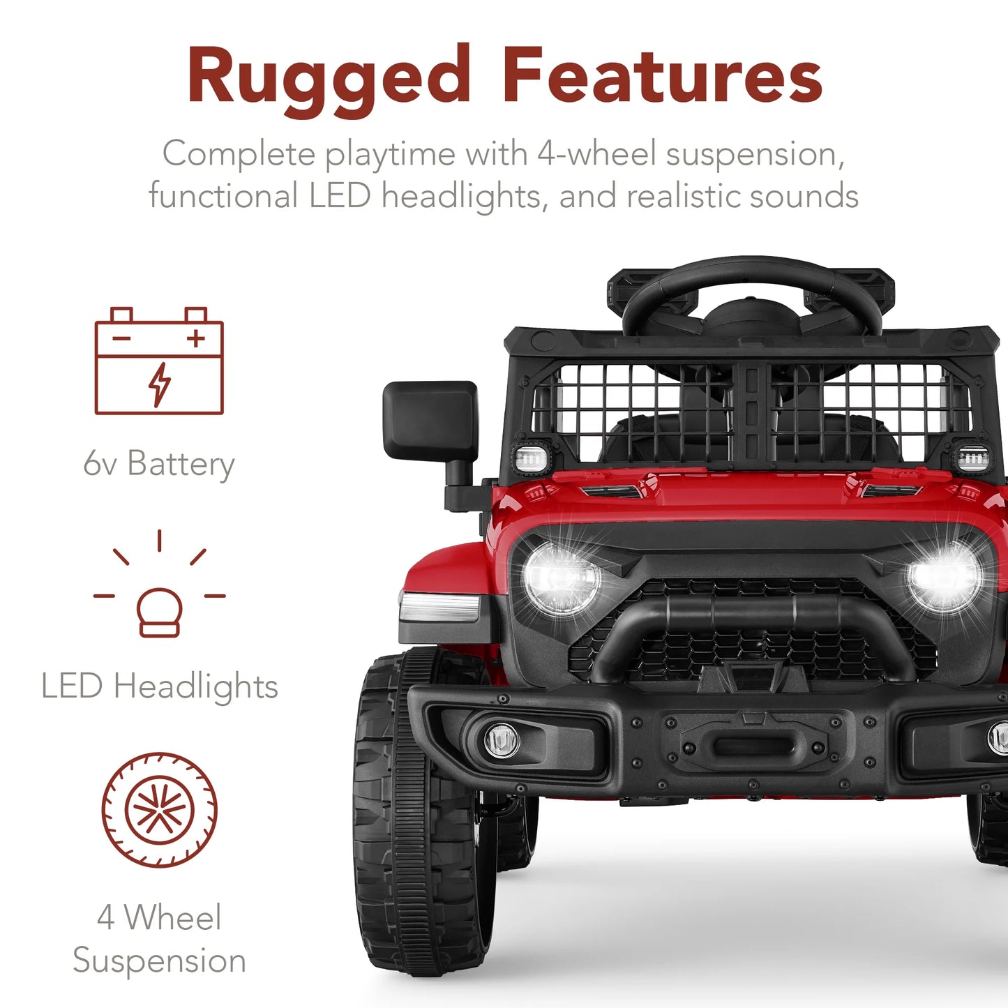 6V Kids Ride-On Truck Car W/ Parent Remote Control, 4-Wheel Suspension, LED Lights - Red