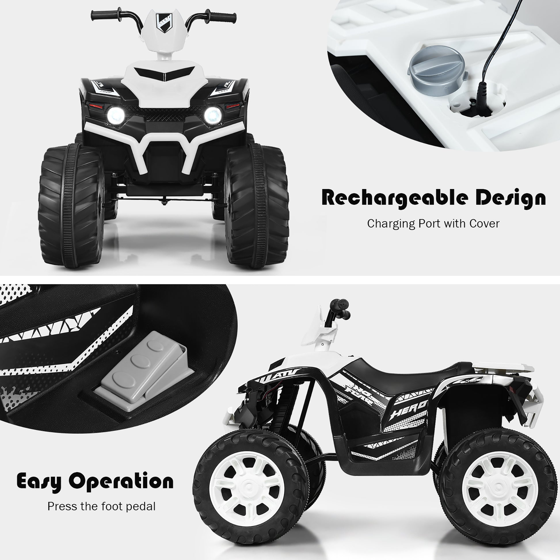 12V Kids 4-Wheeler ATV Quad Ride on Car W/ LED Lights Music USB - White