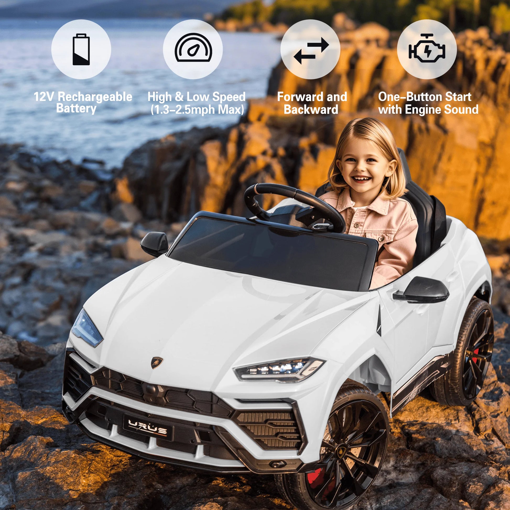 12V Lamborghini Urus Kids Battery Powered Electric Ride on Car with Parent Remote Control - White