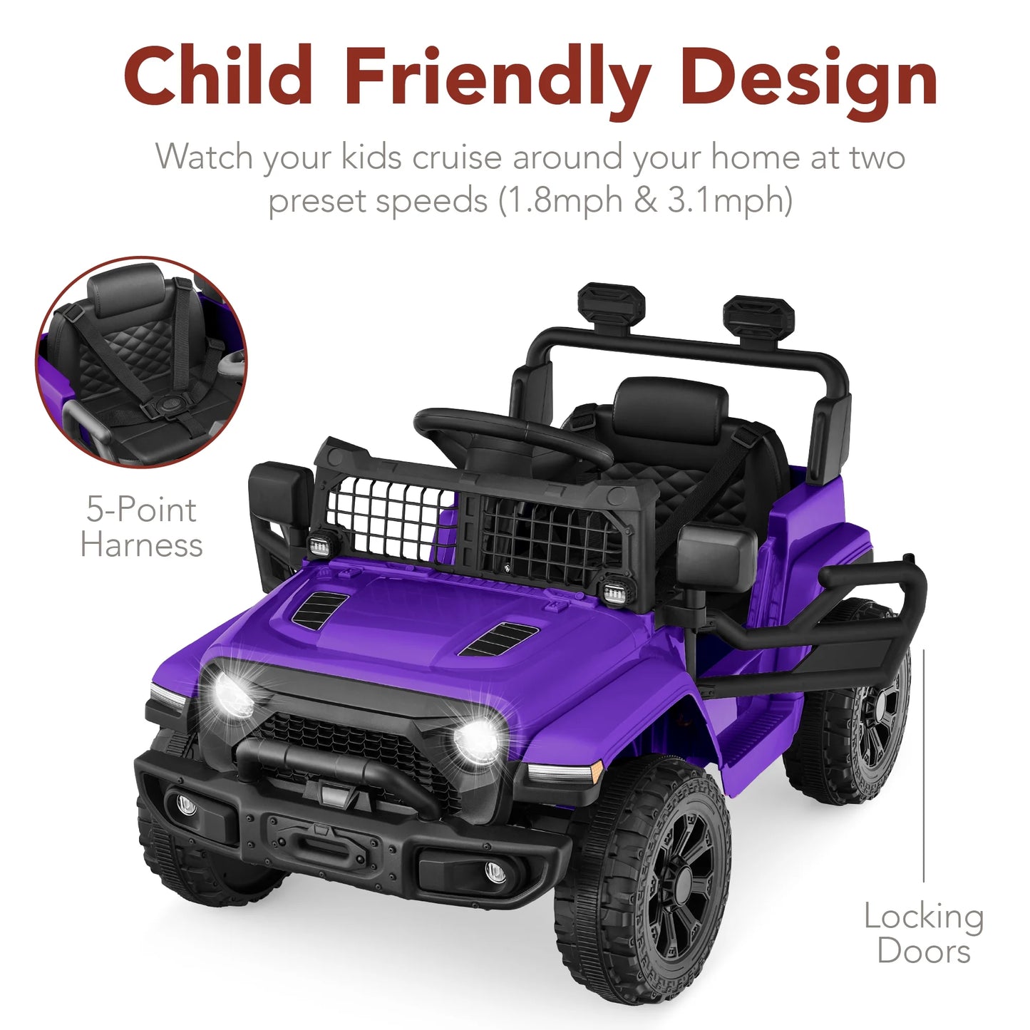 6V Kids Ride-On Truck Car W/ Parent Remote Control, 4-Wheel Suspension, LED Lights - Purple