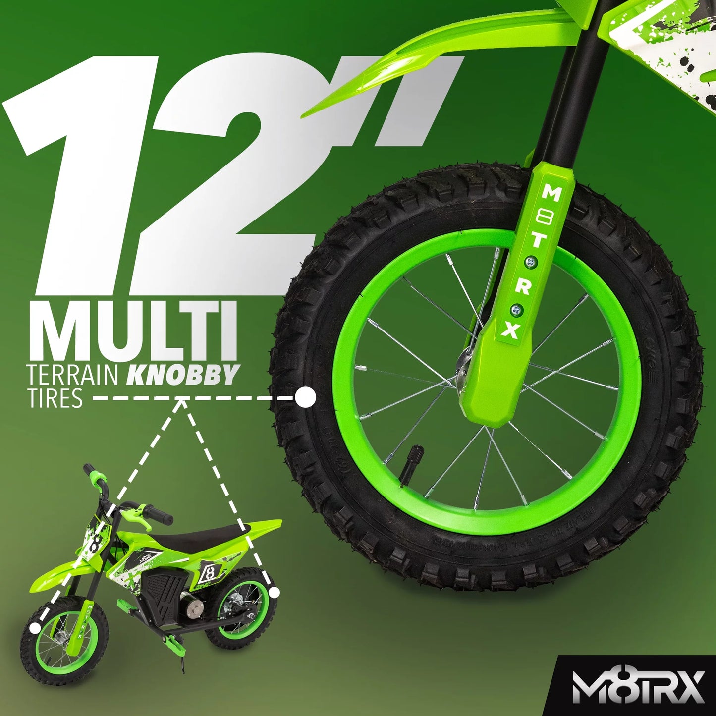 12V Mini Electric Child Dirt Bike, Battery Powered Toy Motorcycle - Green