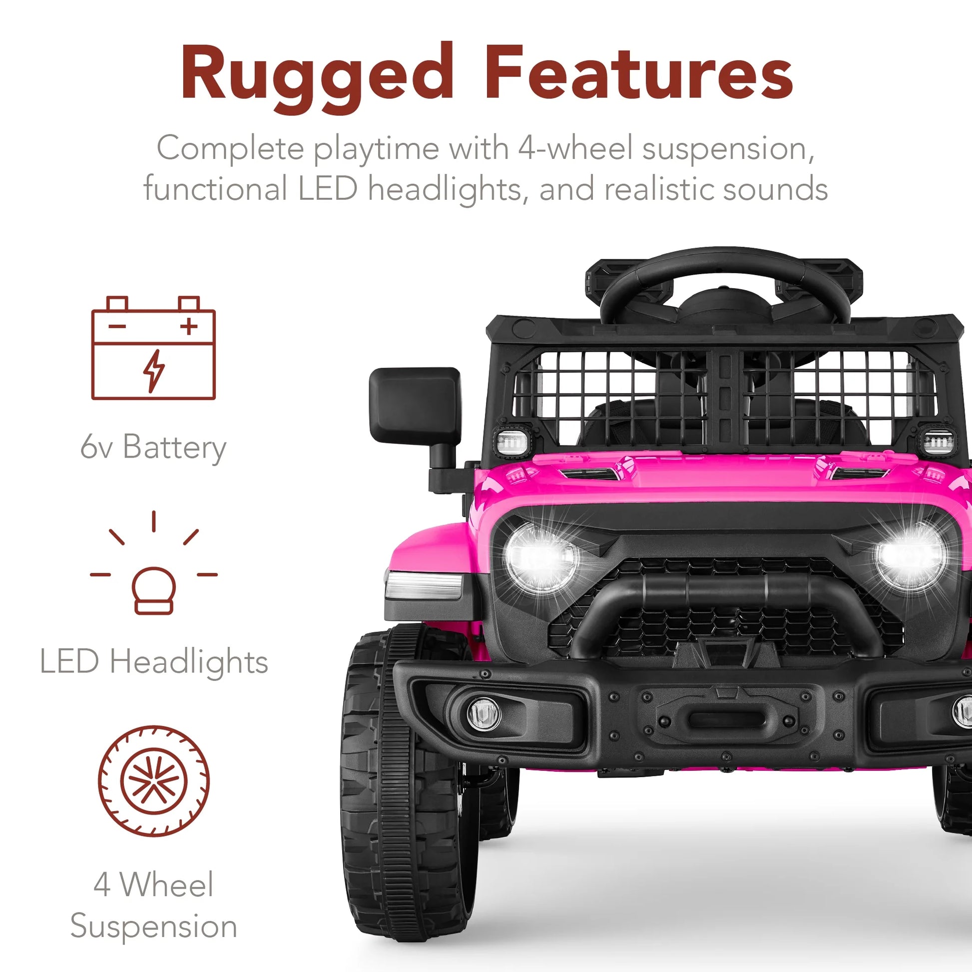 6V Kids Ride-On Truck Car with Parent Remote Control, 4-Wheel Suspension, LED Lights - Hot Pink