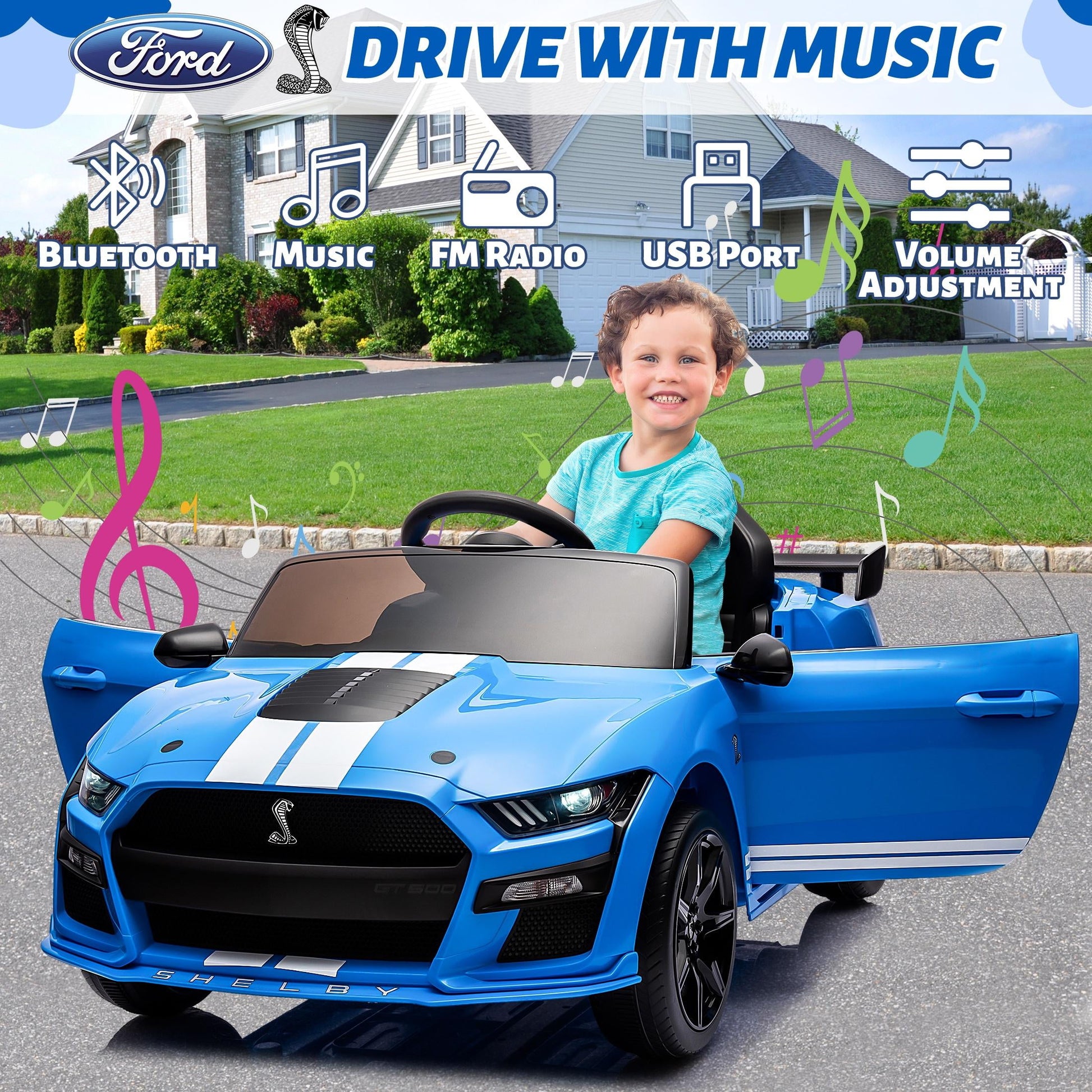 12V Ford Mustang Shelby Kids Battery Powered Electric Ride on Car with Parent Remote Control - Blue