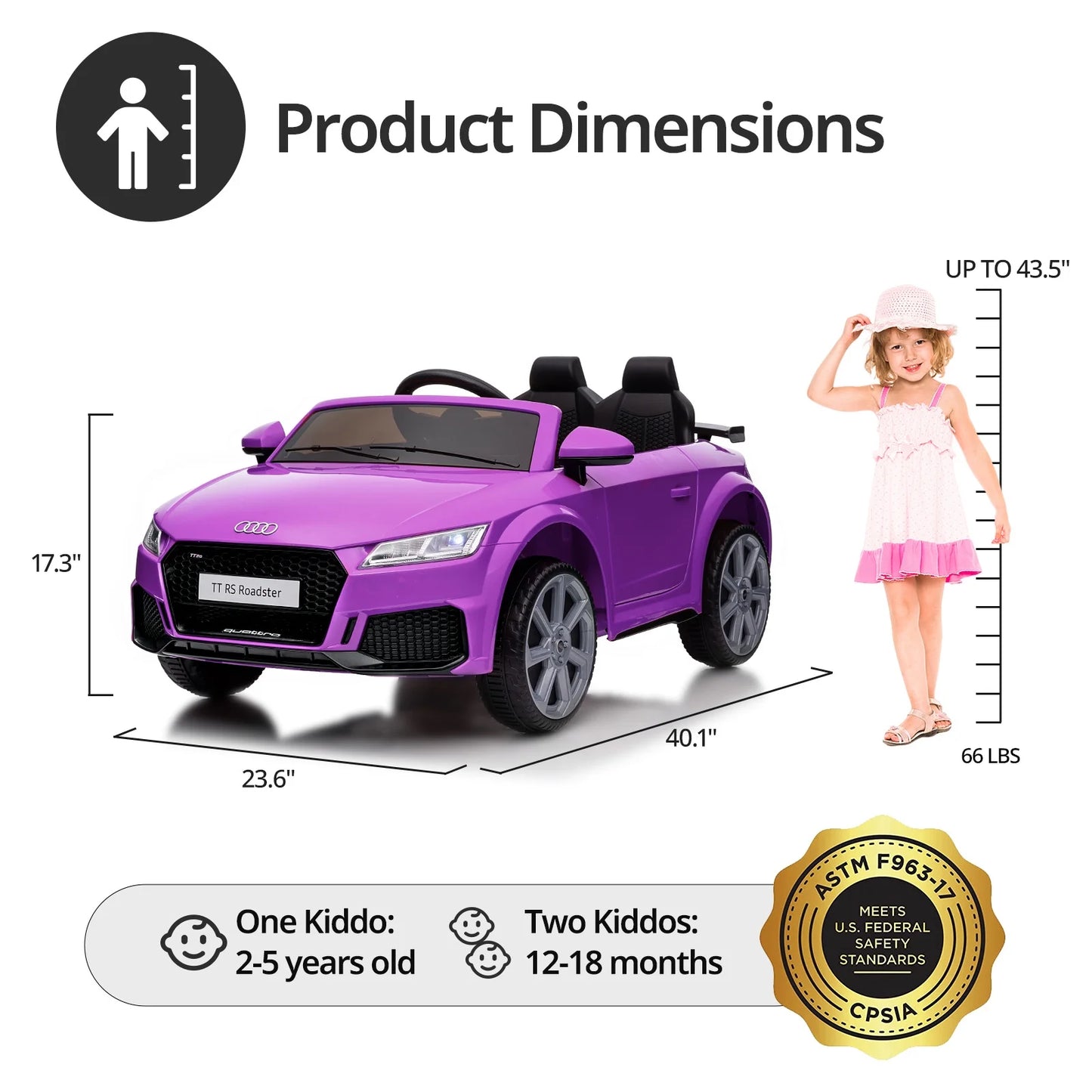 Kids Ride on Car, Licensed Audi TT 12V Electric Car Toy with Remote, LED Light - Purple