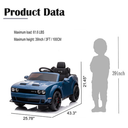 12V Dodge Challenger SRT Hellcat Kids Battery Powered Electric Ride on Car with Parent Remote Control - Blue