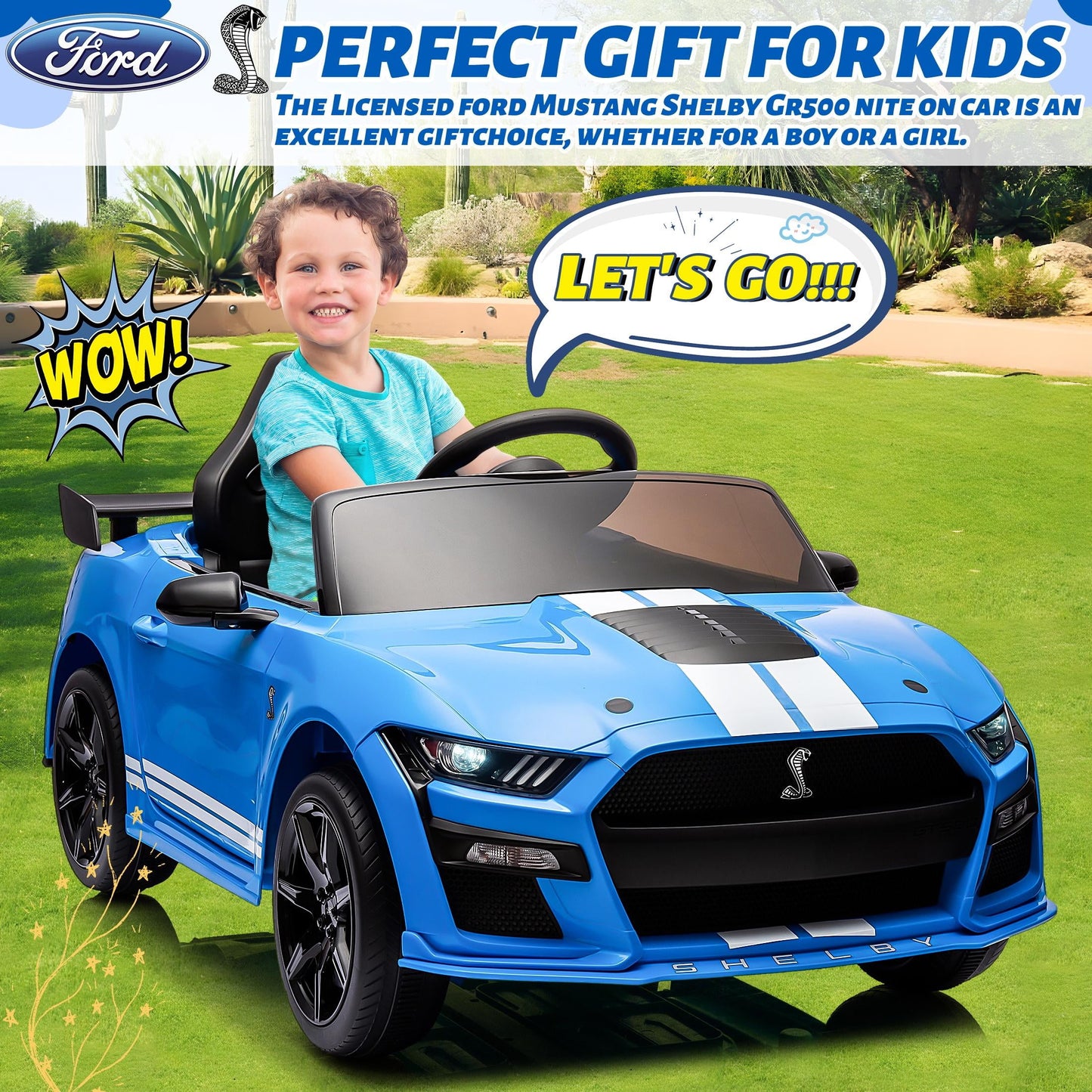 12V Ford Mustang Shelby Kids Battery Powered Electric Ride on Car with Parent Remote Control - Blue