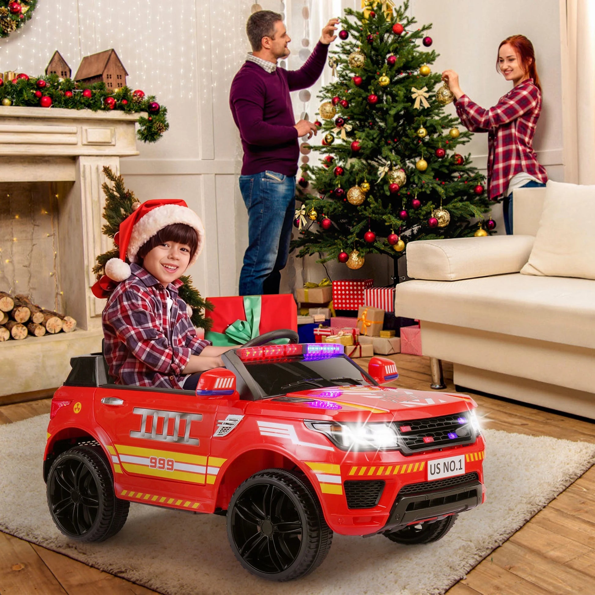 12V Kids Ride on Police Car with Remote Control, 4 Wheeler Truck with Music, Siren - Red