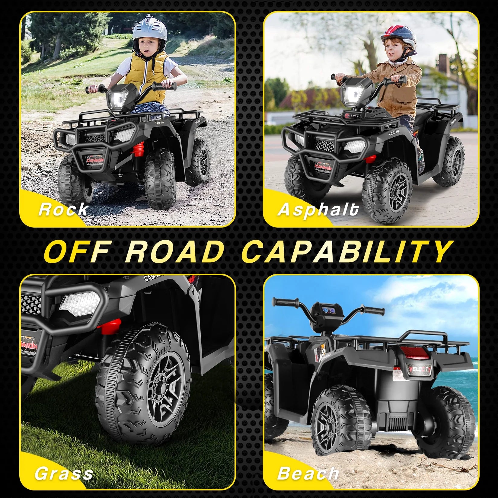 12V Kids Ride on ATV 4-Wheeler Quad Battery Powered Electric Car, 2X30W Motor, Treaded Tires, Soft Braking, LED Light, Music - Black