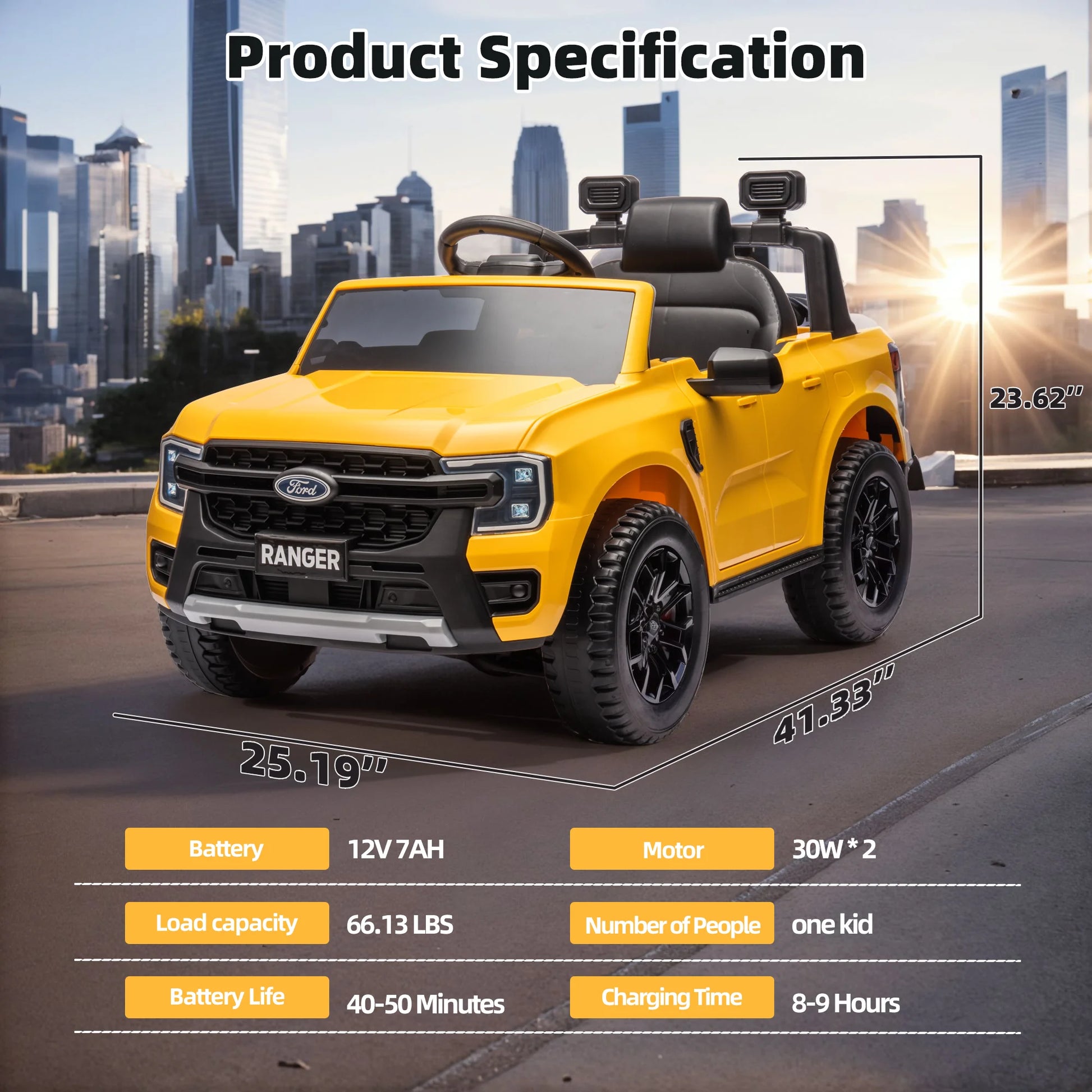 12V Ford Ranger Kids Battery Powered Electric Ride on Truck with Parent Remote Control - Yellow