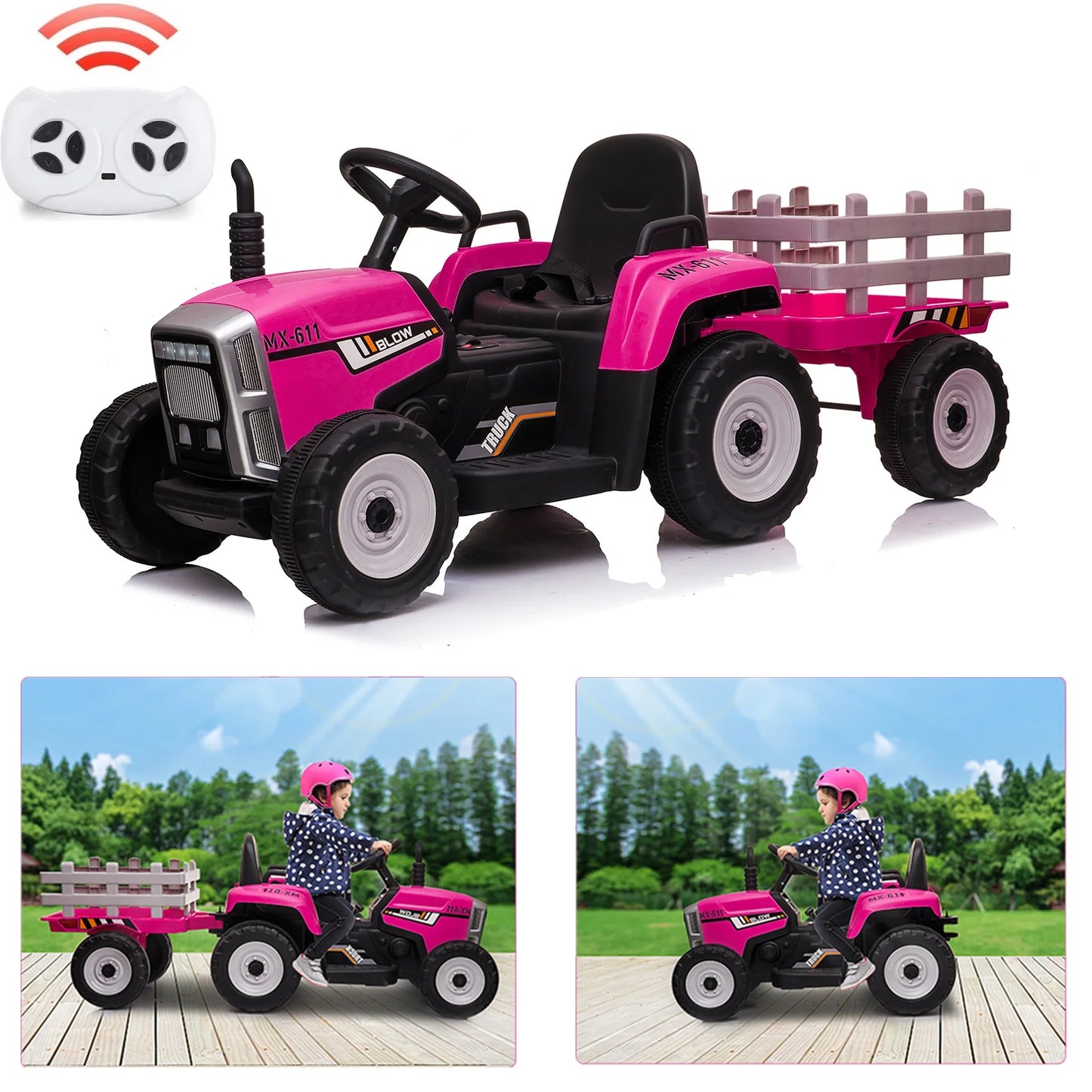 12V Kids Battery Powered Ride on Tractor Trailer with Parent Remote Control