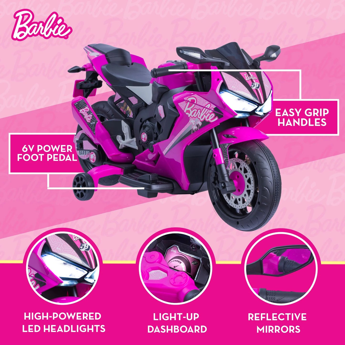 6V Barbie Kids Battery Powered Electric Ride on Motorcycle or Kids - Pink