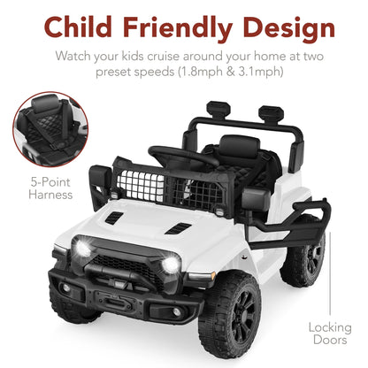 6V Kids Ride-On Truck Car W/ Parent Remote Control, 4-Wheel Suspension, LED Lights - White