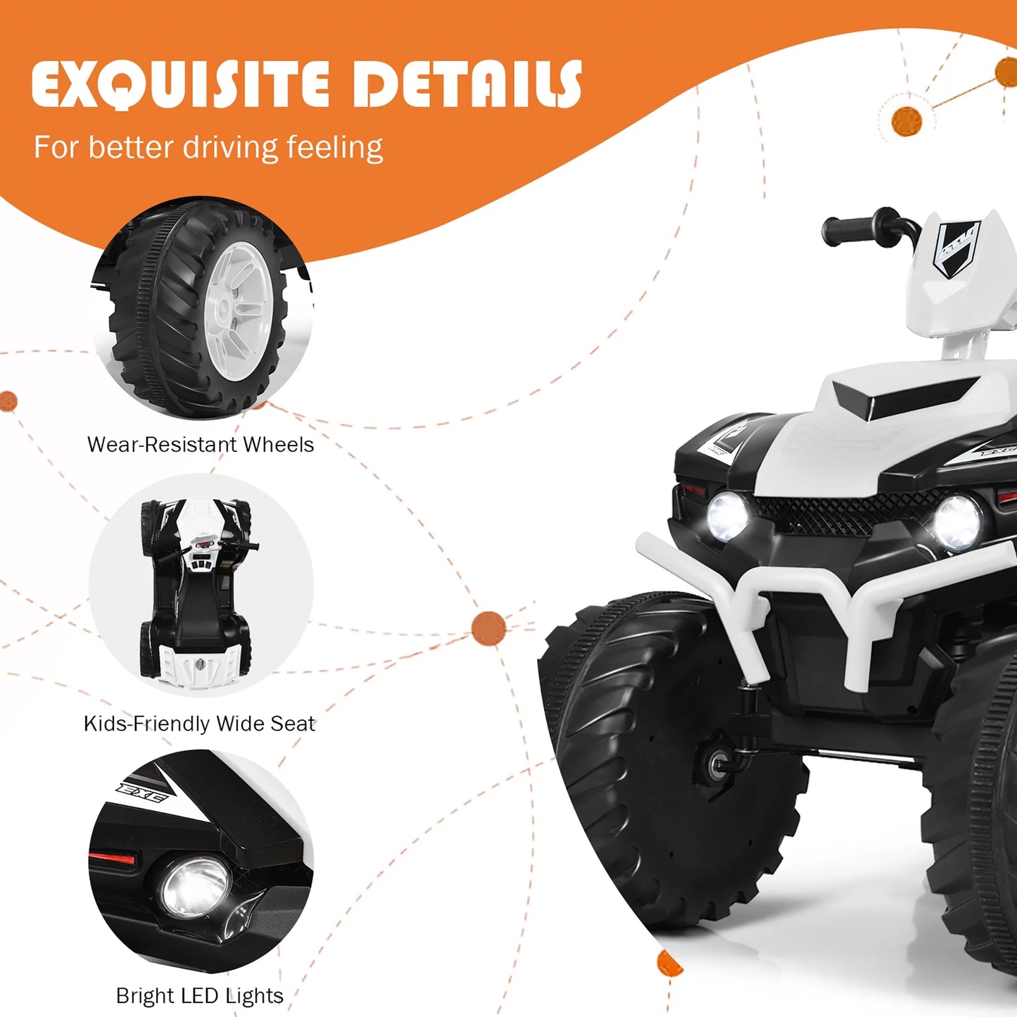 12V Kids 4-Wheeler ATV Quad Ride on Car W/ LED Lights Music USB - White