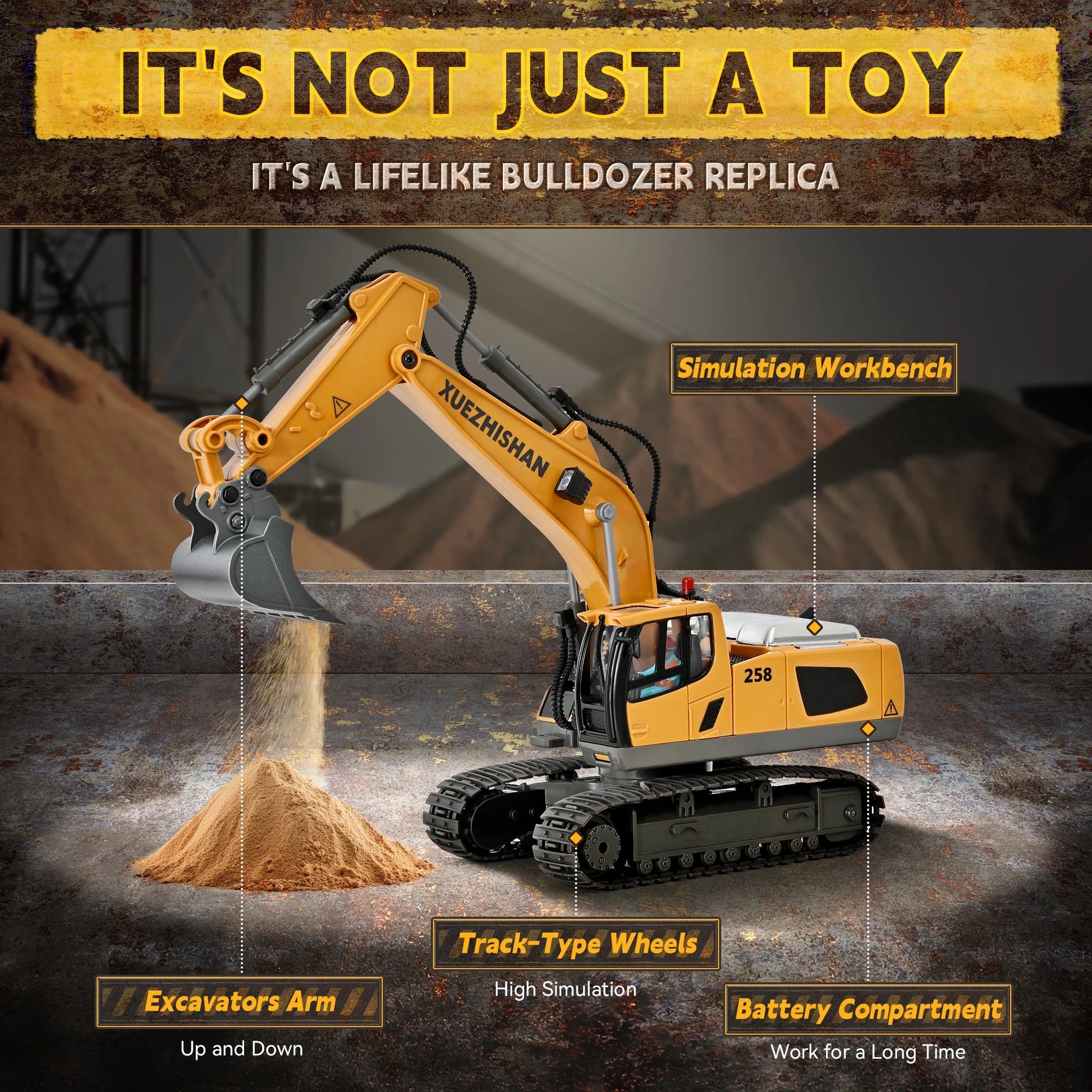 Construction Toys - Mini Remote Control Excavator, RC Construction Vehicles Toys with Metal Shovel, Lights, Sound and 2 Rechargeable Batteries. Best Gift for Kids