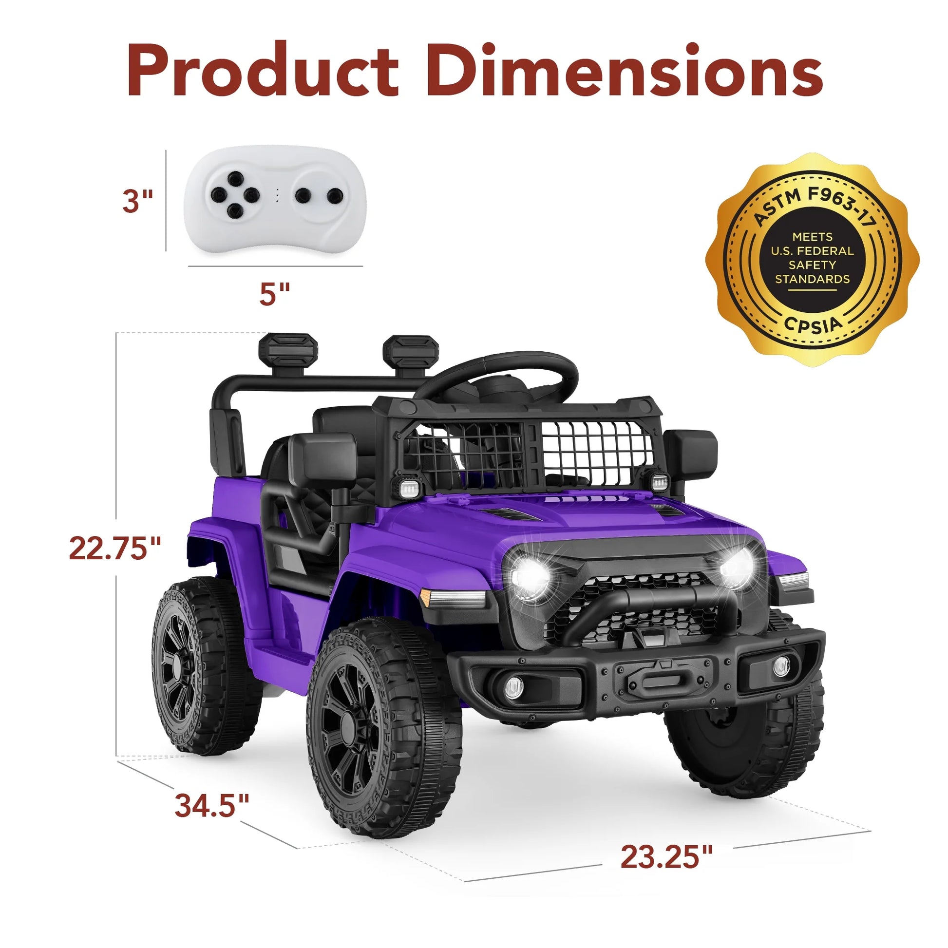 6V Kids Ride-On Truck Car W/ Parent Remote Control, 4-Wheel Suspension, LED Lights - Purple