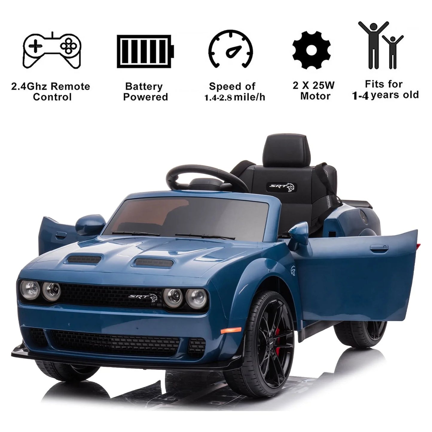 12V Dodge Challenger SRT Hellcat Kids Battery Powered Electric Ride on Car with Parent Remote Control - Blue