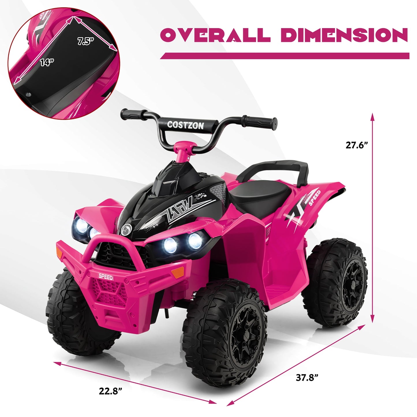 12V Kids Battery Powered Electric Ride on ATV 4-Wheeler Quad - Light Pink